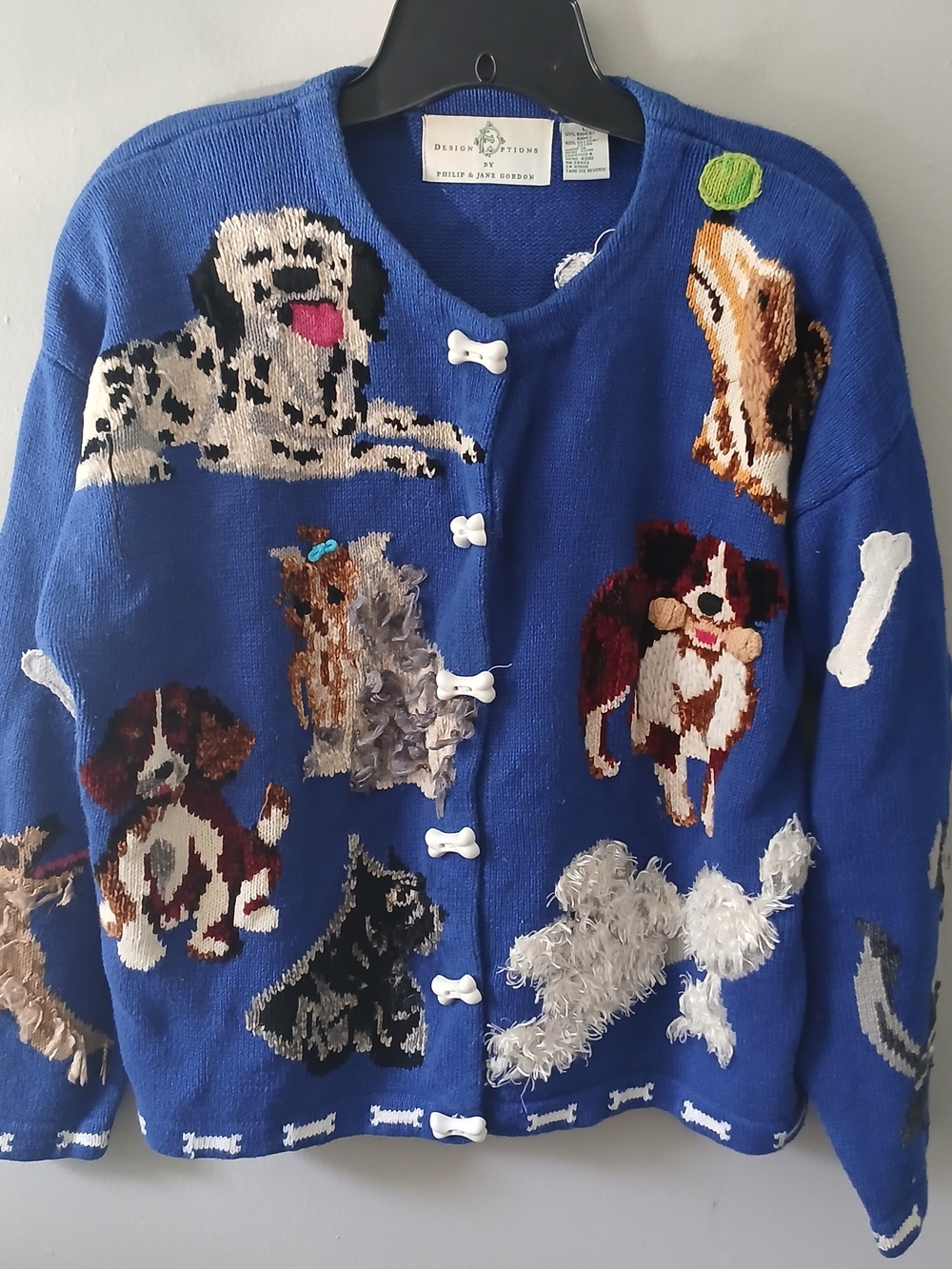 Design Options Women's Size Large Knit Novlety Dog Sweater Cardigan Buttons Play